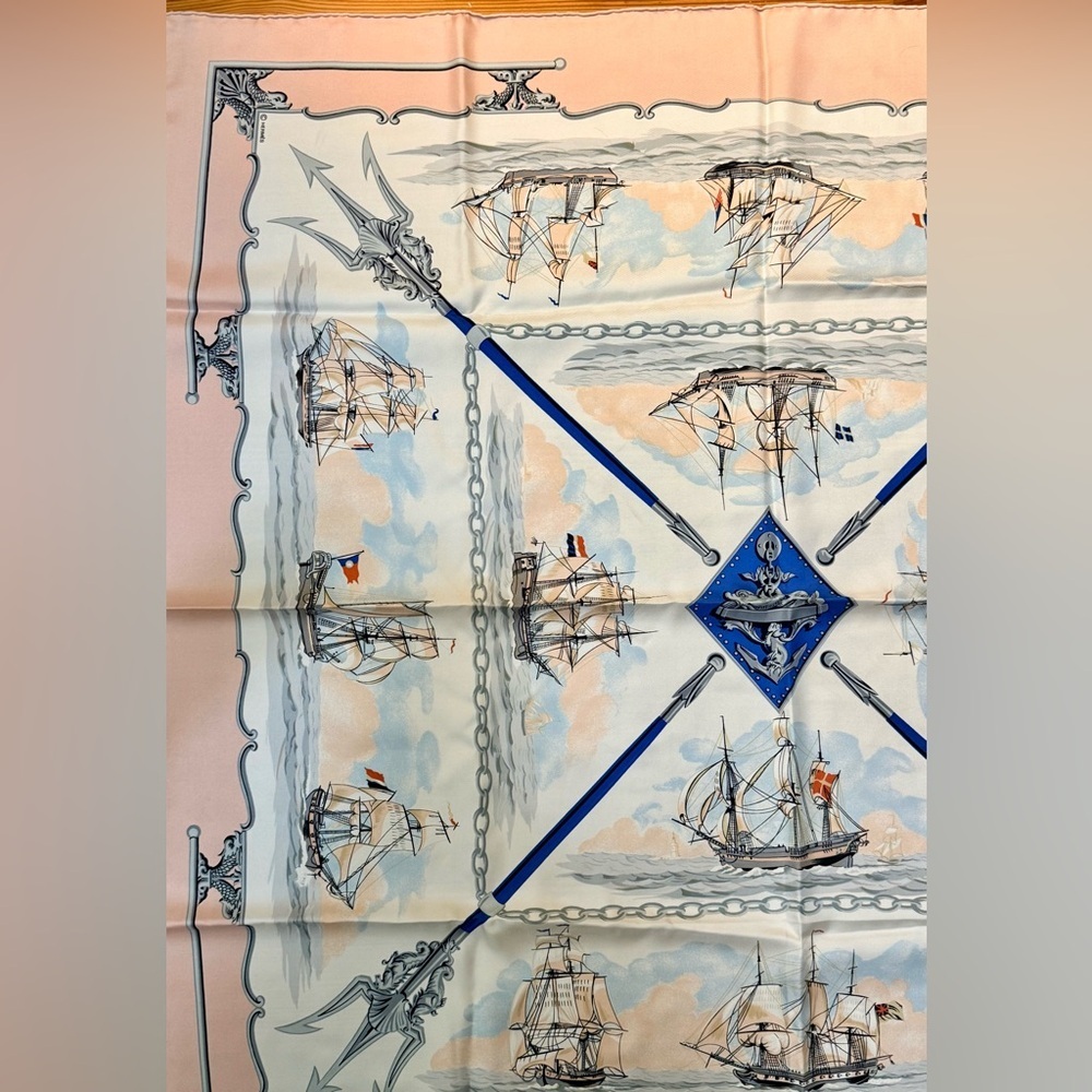 HERMES Never Worn Vintage “The Wooden Marine” Pink Carre 90 Silk Twill Scarf - Picture 9 of 16